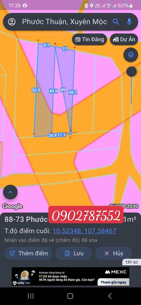 Chủ Cần Bán Đất Mặt Tiền Đường 27/4 Nối Dài, Xã Hồ Tràm, Tphcm Dt 21*52 ( 1.092M2 ) 2 Sổ, Thổ