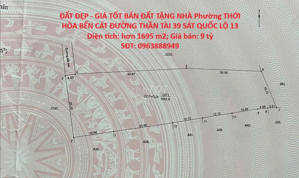 ĐẤT ĐẸP - GIÁ TỐT BÁN ĐẤT TẶNG NHÀ Phường THỚI HÒA BẾN CÁT ĐƯỜNG THẦN TÀI 39 SÁT QUỐC LỘ 13