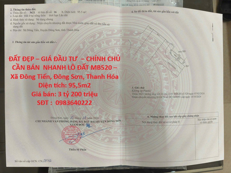 ĐẤT ĐẸP – GIÁ ĐẦU TƯ  – CHÍNH CHỦ CẦN BÁN  NHANH LÔ ĐẤT MB520 – Xã Đông Tiến, Đông Sơn, Thanh Hóa