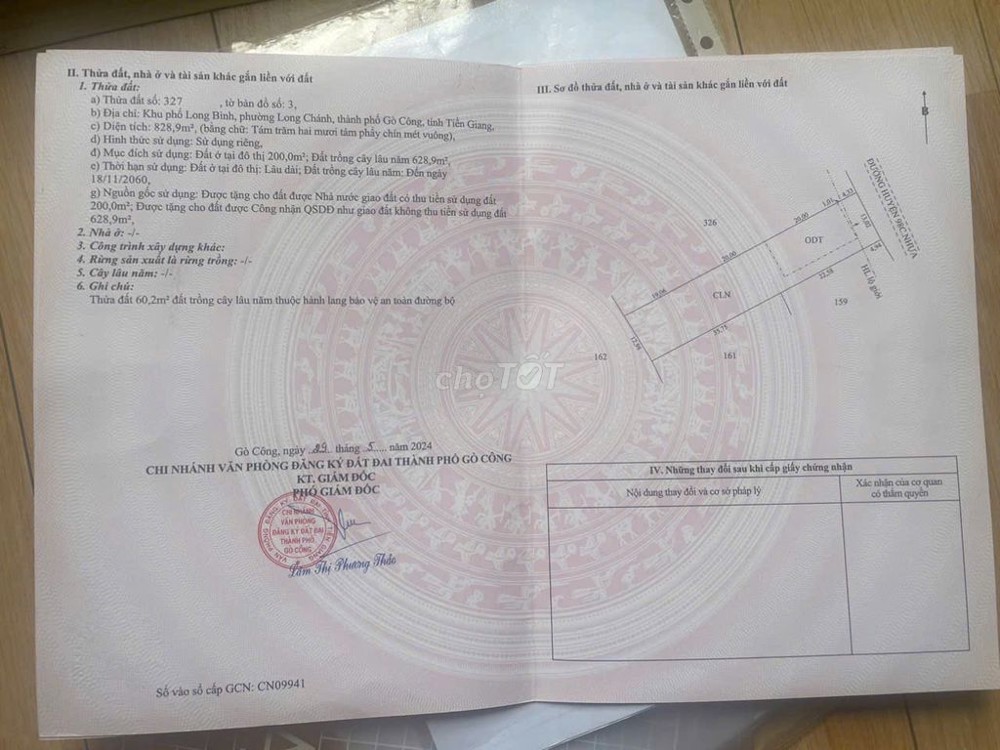 Bán Đất Long Chánh – Gò Công – Diện Tích 828,9M Có 200 Thổ Cư – Hạ Giá Bán Gấp 2,4Tỳ