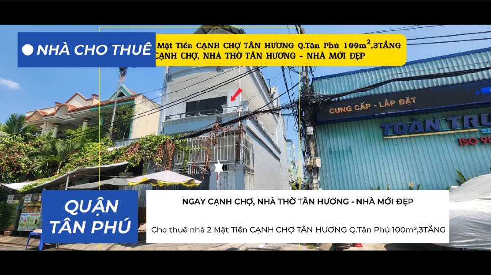 Cho Thuê Nhà 2 Mặt Tiền Cạnh Chợ Tân Hương Q.tân Phú 100M²,3Tầng, 20Triệu