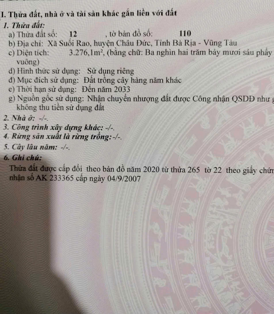 Đất Đẹp - Đầu Tư Sinh Lời - Bán Gấp Lô Đất Tiềm Năng Tại Suối Rao, Châu Đức, Bà Rịa Vũng Tàu