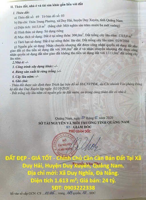 Đất Đẹp - Giá Tốt - Chính Chủ Cần Cần Bán Đất Tại Xã Duy Hải, Huyện Duy Xuyên, Quảng Nam