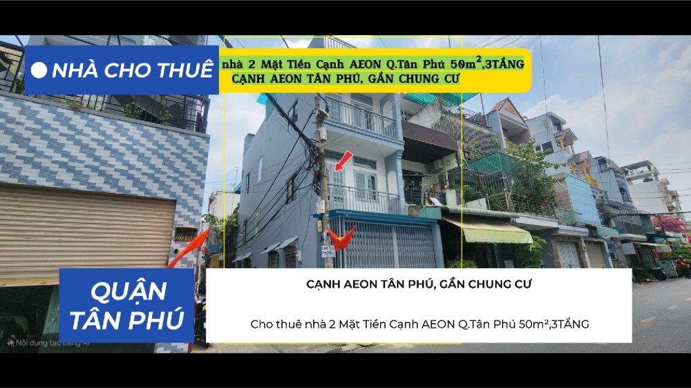 Cho Thuê Nhà 2 Mặt Tiền Cạnh Aeon Q.tân Phú 50M²,3Tầng, 14Triệu