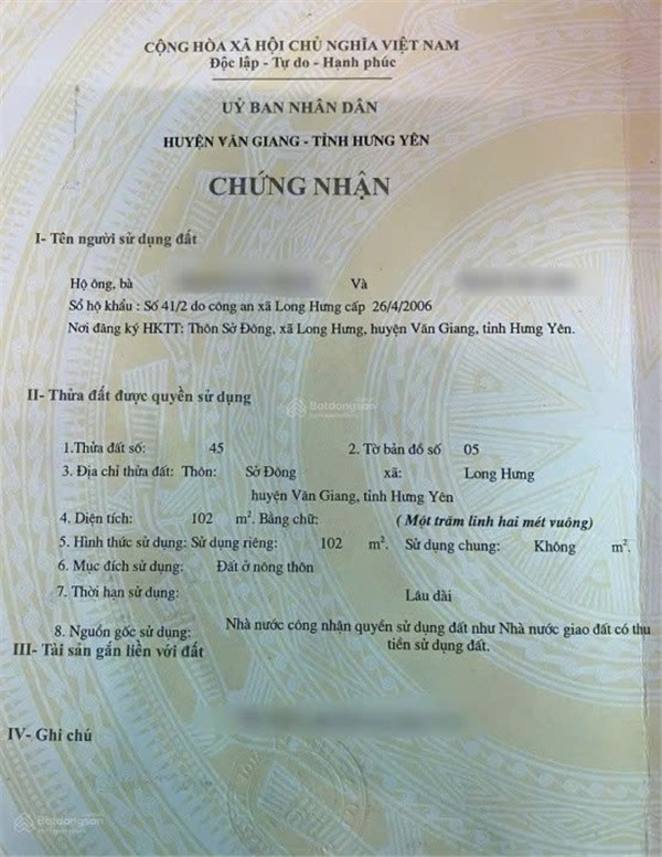 F0 - Lô Đất Chính Chủ - 102M2 Thôn Sở Đông, Xã Long Hưng, Huyện Văn Giang, Hưng Yên