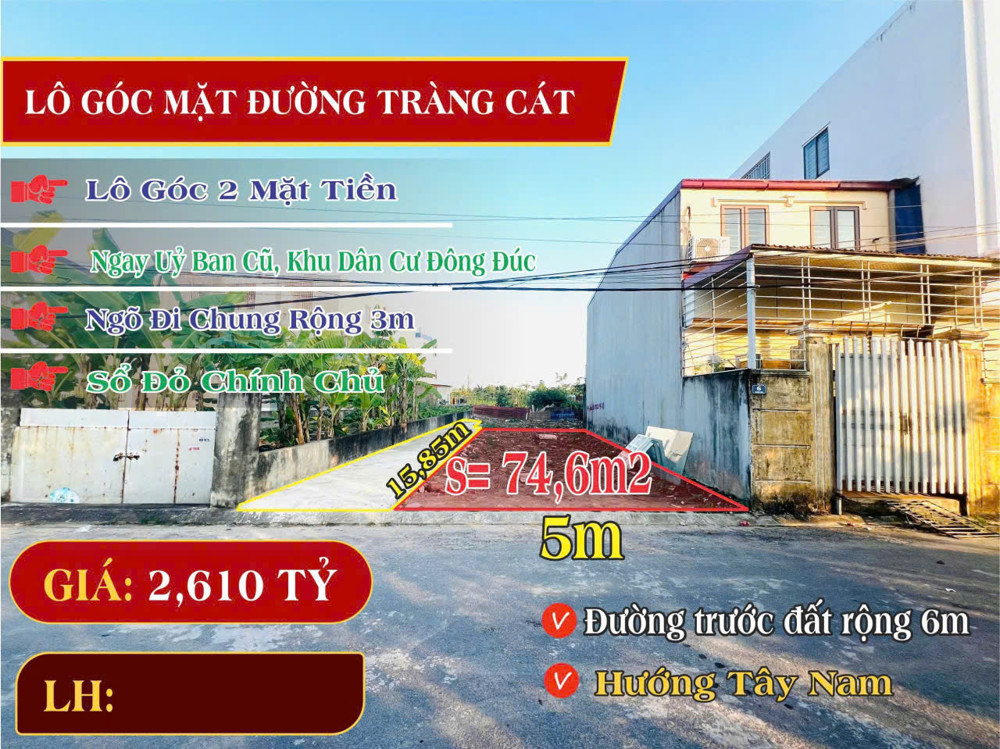 Bán Đất 2 Mặt Tiền Tràng Cát – Hải An – Đường 6M Ô Tô Tránh – Giá 2,61 Tỷ