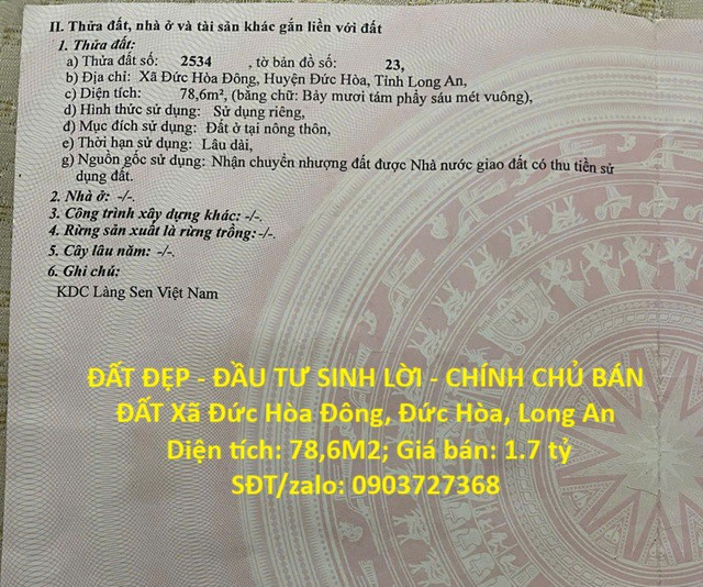 Đất Đẹp - Đầu Tư Sinh Lời - Chính Chủ Bán Đất Xã Đức Hòa Đông, Đức Hòa, Long An