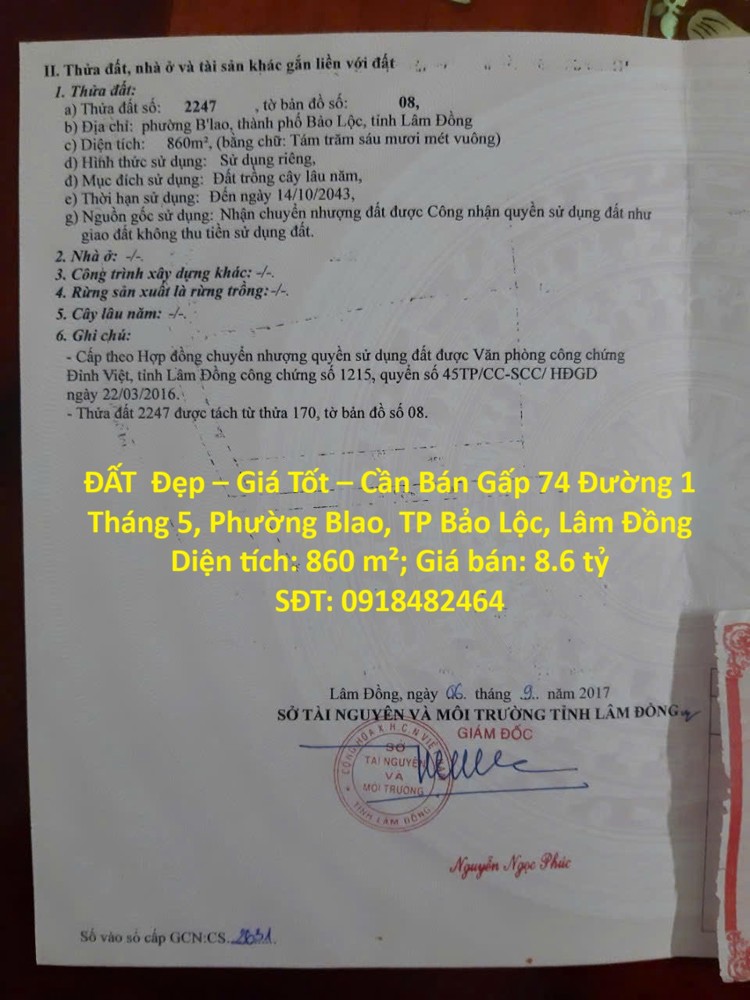 Đất Đẹp – Giá Tốt – Cần Bán Gấp – Đường 1 Tháng 5 – Phường Blao – Tp Bảo Lộc – Lâm Đồng