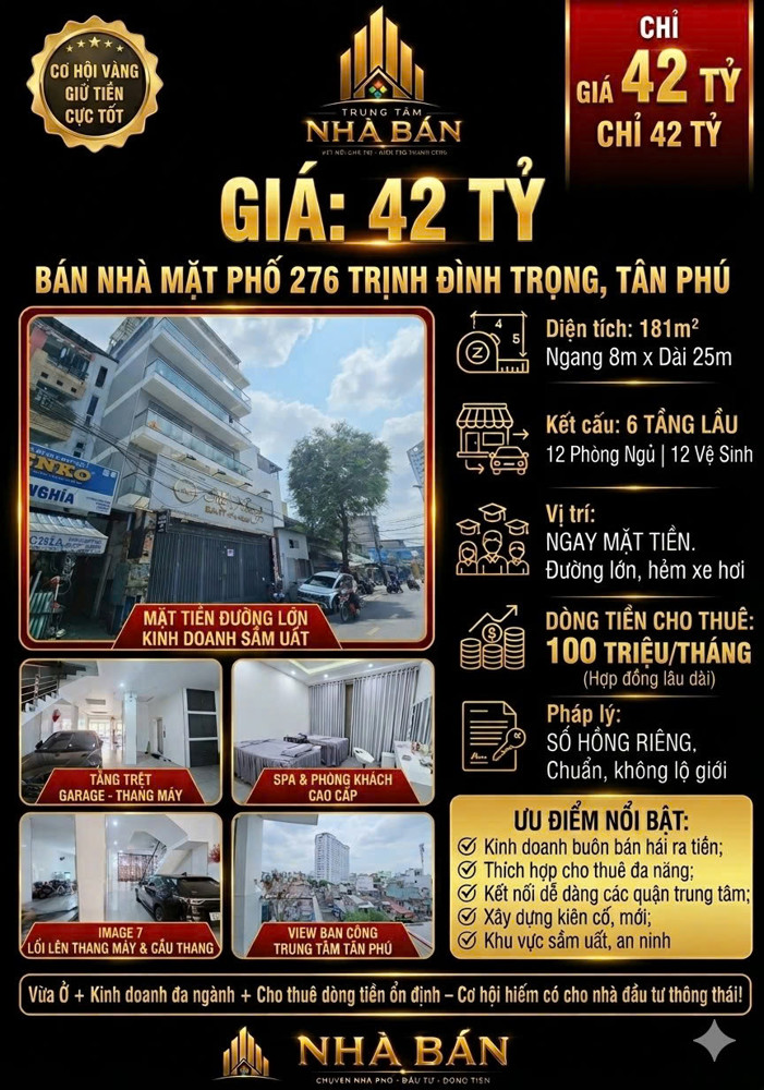 Nhà Mặt Tiền 276 Trịnh Đình Trọng Tân Phú - 181M2 - 800M2 Sd - 6 Tầng - 12Pn - 42 Tỷ - Shr - Lh