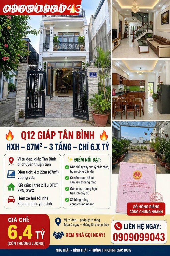Chính Chủ Bán Gấp – Q12 Giáp Tân Bình – Hxh – 87M² – 3 Tầng