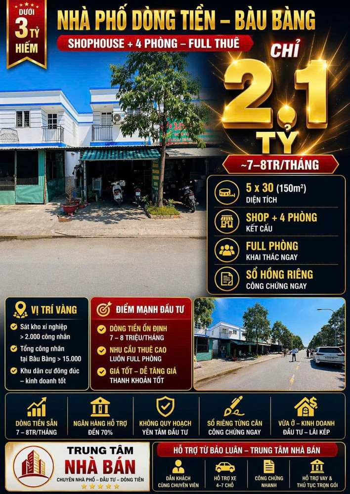 Nhà Mặt Tiền D5 Lai Uyên, Bàu Bàng 150M2, 2 Tầng 6Pn, Sổ Đỏ 2.1 Tỷ. Lh 0898333313