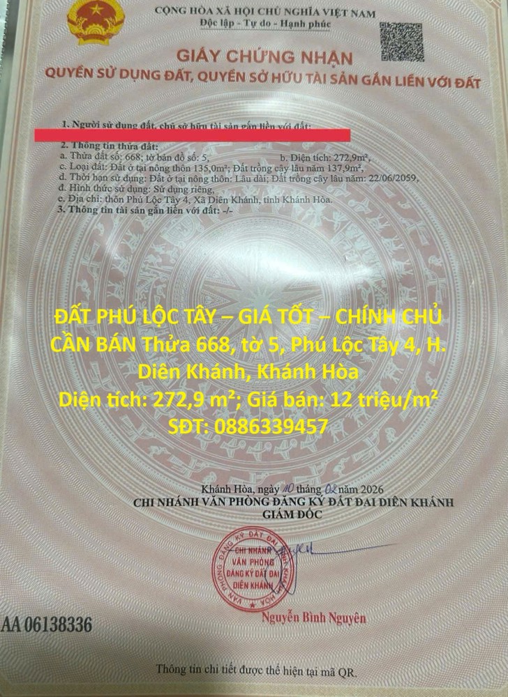 Đất Phú Lộc Tây – Giá Tốt – Chính Chủ Cần Bán Thửa 668, Tờ 5, Phú Lộc Tây 4, H. Diên Khánh, Khánh