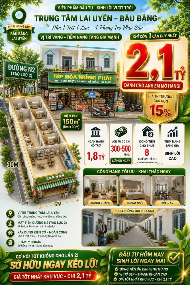 Mặt Phố N15 Lai Uyên - 150M2 Sổ Đỏ, 6Pn, 2 Tầng, Giá Tốt Bất Ngờ - Cơ Hội Duy Nhất! 0898333313