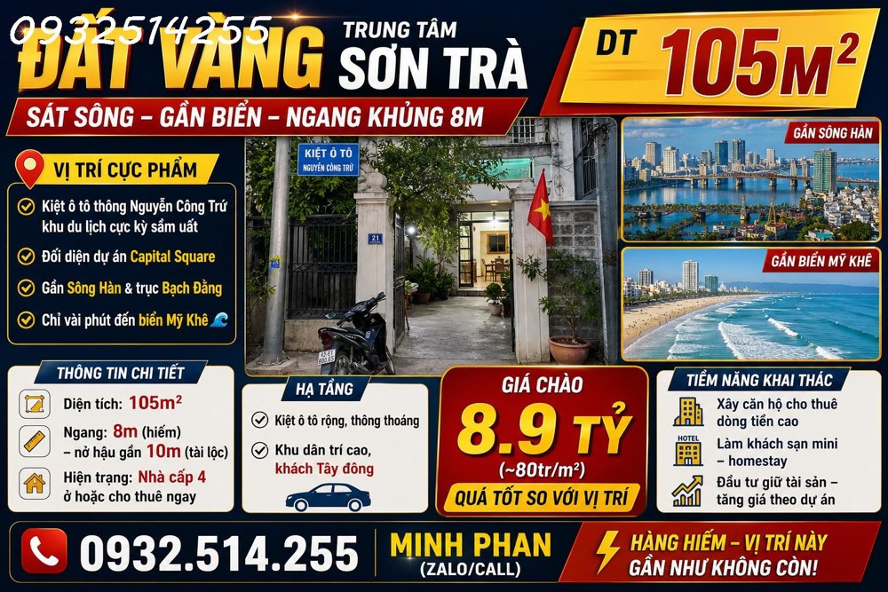 Đất Vàng Trung Tâm Sơn Trà – Sát Sông – Gần Biển – Ngang Khủng 8M Dt 105M² - Giá 8 Tỷ Xxx