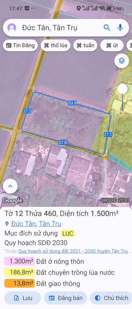 Bán Đất Lúa Chuyển Thổ Xã Vàm Cỏ Gần Quốc Lộ 50B Giá 2,4 Tỷ