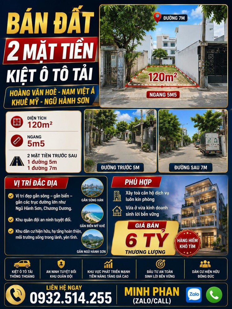 Chính Chủ Cần Bán Lô Đất Hoàng Văn Hoè - 2 Mặt Tiền Trước Sau - 120 M2 - Giá Chỉ 6 Tỷ - Liên Hệ