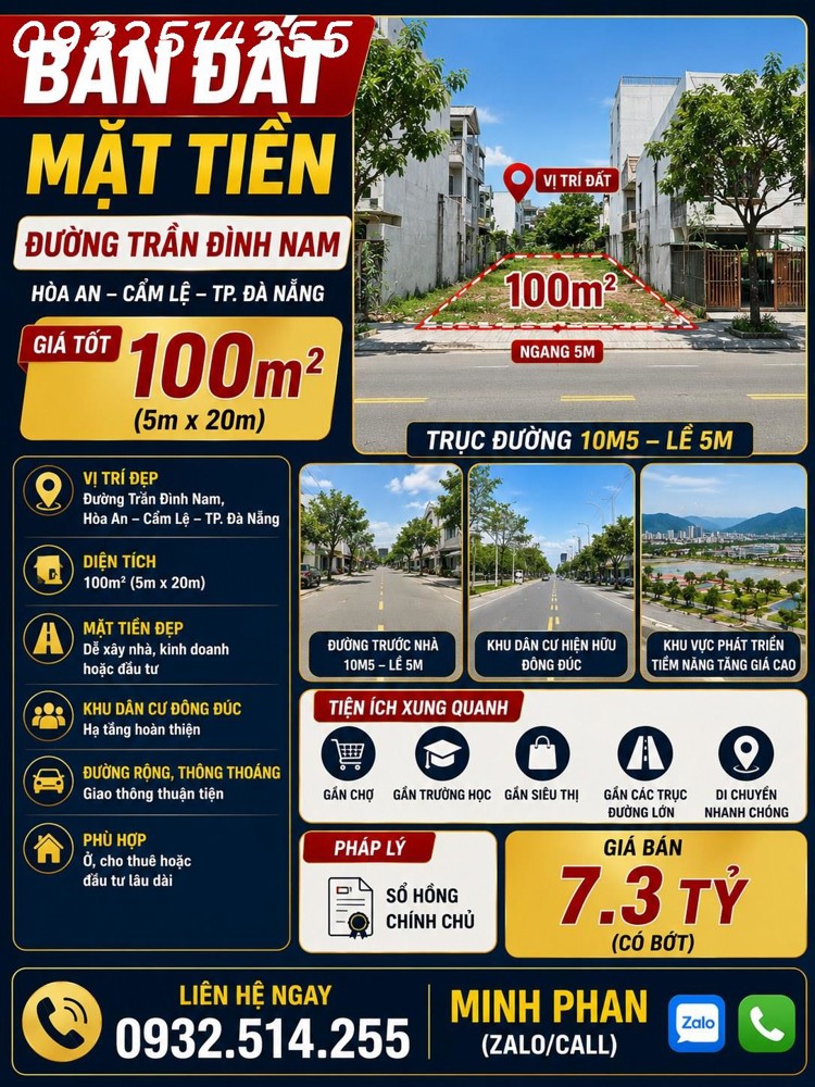 Chính Chủ Bán Đất Trần Đình Nam Đường 10M5 - Hoà An Cẩm Lệ - Giá 7 Tỷ 2 - Lh 0932514255