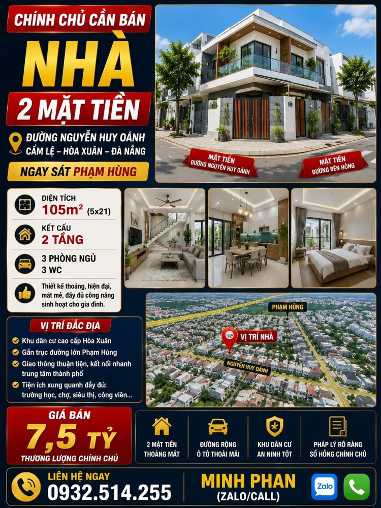 Chính Chủ Bán Nhà 2 Tầng - 2 Mặt Tiền Khu Hoà Xuân - Cẩm Lệ - Gần Phạm Hùng -Giá Chỉ Nhỉnh 7 Tỷ