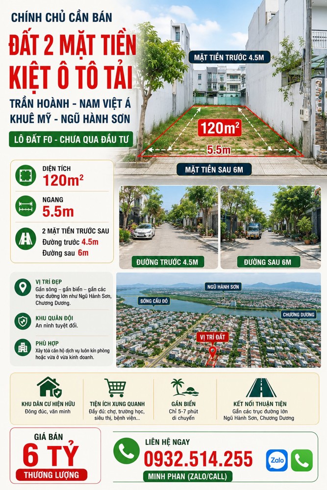 Cần Bán Lô Đất 2 Mặt Tiền Kiệt 6M - Đường Trần Hoành - Khuê Mỹ - Ngũ Hành Sơn - Diện Tích 120M