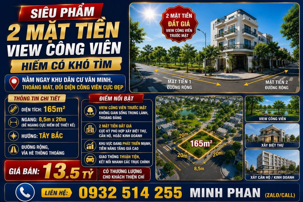 Lô Góc 2Mt Phạm Xuân Ẩn - Thanh Lương 24 - View Công Viên - Gần Sông - 165M Hoà Xuân Cẩm Lệ