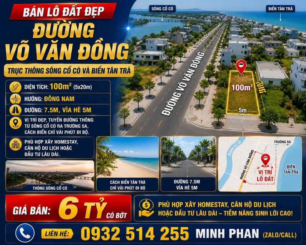 Bán Lô Đất Đẹp 100M2 Đường 7,5M Võ Văn Đồng - Trục Thông Sông Và Biển Tân Trà - Giá Rẻ Nhất Tuyến