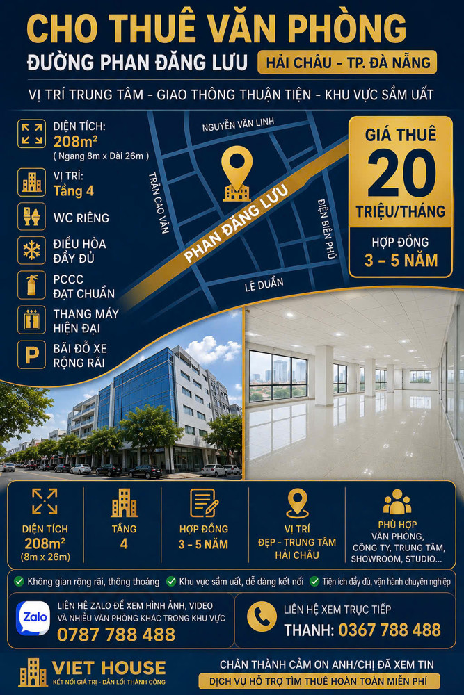 Cho Thuê Văn Phòng Đường Phan Đăng Lưu Hải Châu Đà Nẵng – 220M², Thang Máy, Pccc, Giá 21 Triệu