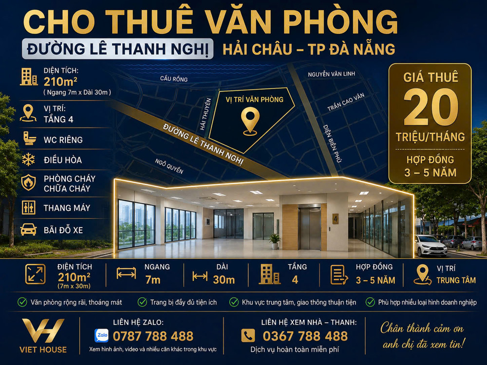 Cho Thuê Văn Phòng Đường Lê Thanh Nghị Hải Châu Đà Nẵng – 210M², Thang Máy, Pccc, Giá 20 Triệu