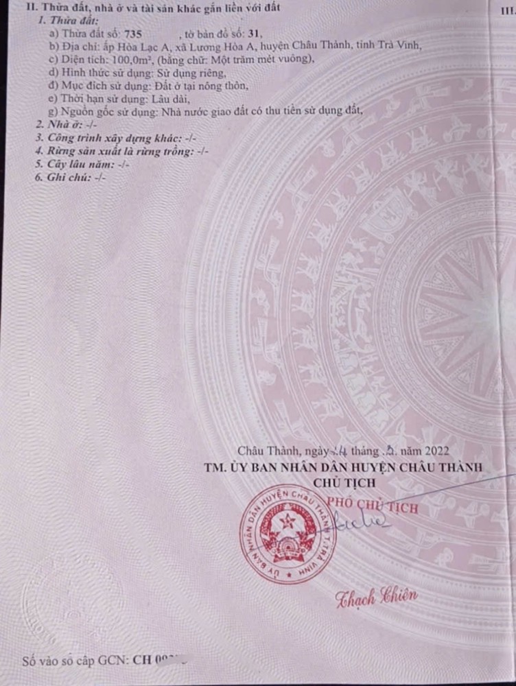 Chính Chủ Bán Lô Đất Tiềm Năng Tại Ấp Hòa Lạc A, Xã Lương Hòa A, Huyện Châu Thành, Tỉnh Trà Vinh
