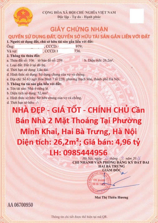 Nhà Đẹp - Giá Tốt - Chính Chủ Cần Bán Nhà 2 Mặt Thoáng Tại Phường Minh Khai, Hai Bà Trưng, Hà Nội