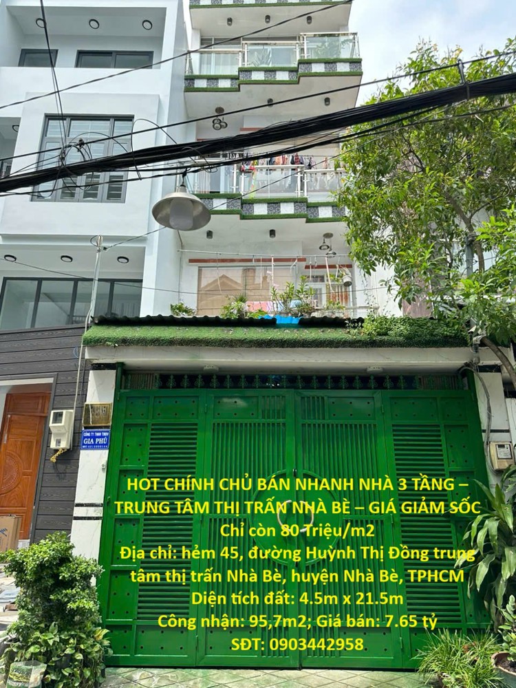 Hot Chính Chủ Bán Nhanh Nhà 3 Tầng – Trung Tâm Thị Trấn Nhà Bè – Giá Giảm Sốc Chỉ Còn 80 Triệu/m2