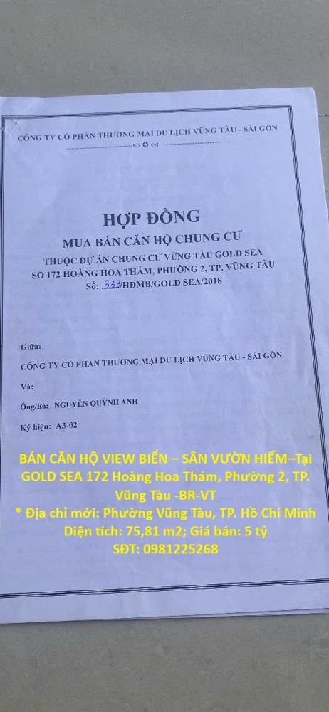 Bán Căn Hộ View Biển – Sân Vườn Hiếm–tại Gold Sea 172 Hoàng Hoa Thám, Phường 2, Tp. Vũng Tàu -Br-Vt