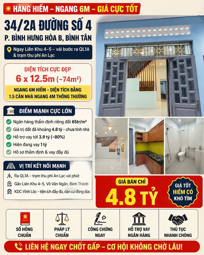 Chính Chủ Bán Gấp Nhà 78M2 Liên Khu 4-5 Bình Tân, Giá 4.8 Tỷ, Sổ Hồng Riêng, Hiếm Có Khó Tìm, Gọi