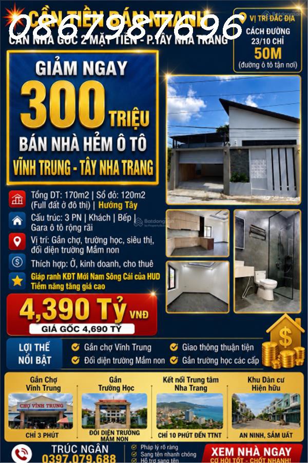 [Siêu Phẩm Căn Góc] Nhà Mới Đẹp Đối Diện Trường Mầm Non Vĩnh Trung – Tây Nha Trang – Đất 170M² – Có