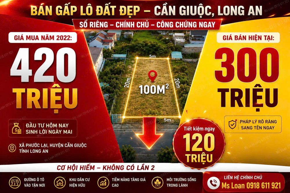 Bán Gấp Đất Sổ Riêng Long An 100M² Giá Chỉ 300 Triệu