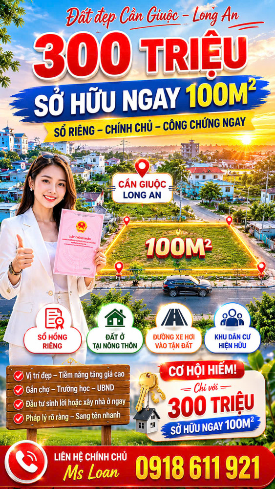 Bán Gấp Đất Sổ Riêng Long An 100M² Giá Chỉ 300 Triệu