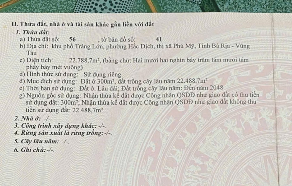 Bán Đất Diện Tích Lớn Tại Trung Tâm Phường Hắc Dịch – Tx Phú Mỹ, Bà Rịa Vũng Tàu