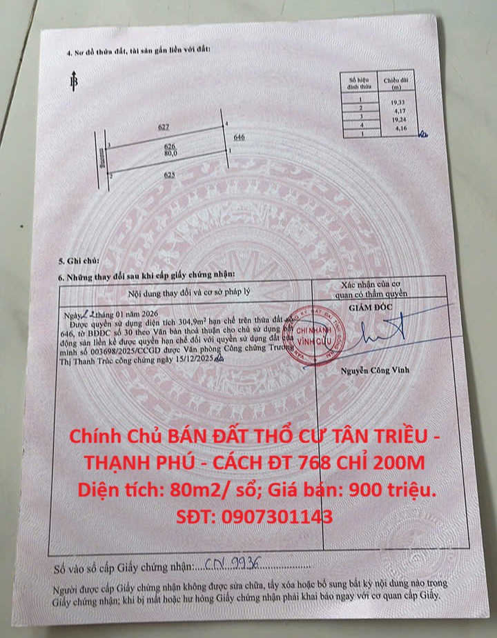 Chính Chủ Bán Đất Thổ Cư Tân Triều - Thạnh Phú - Cách Đt 768 Chỉ 200M