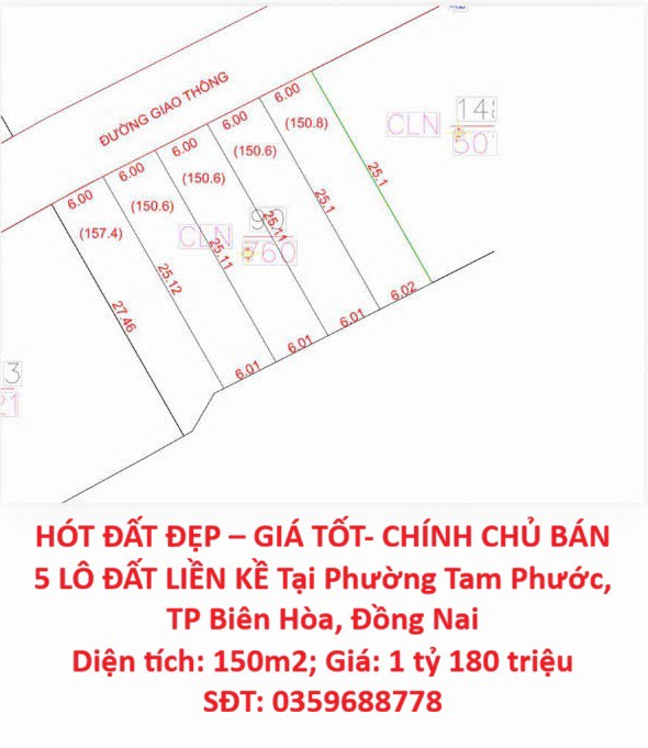 Hót Đất Đẹp – Giá Tốt- Chính Chủ Bán 5 Lô Đất Liền Kề Tại Phường Tam Phước, Tp Biên Hòa, Đồng Nai