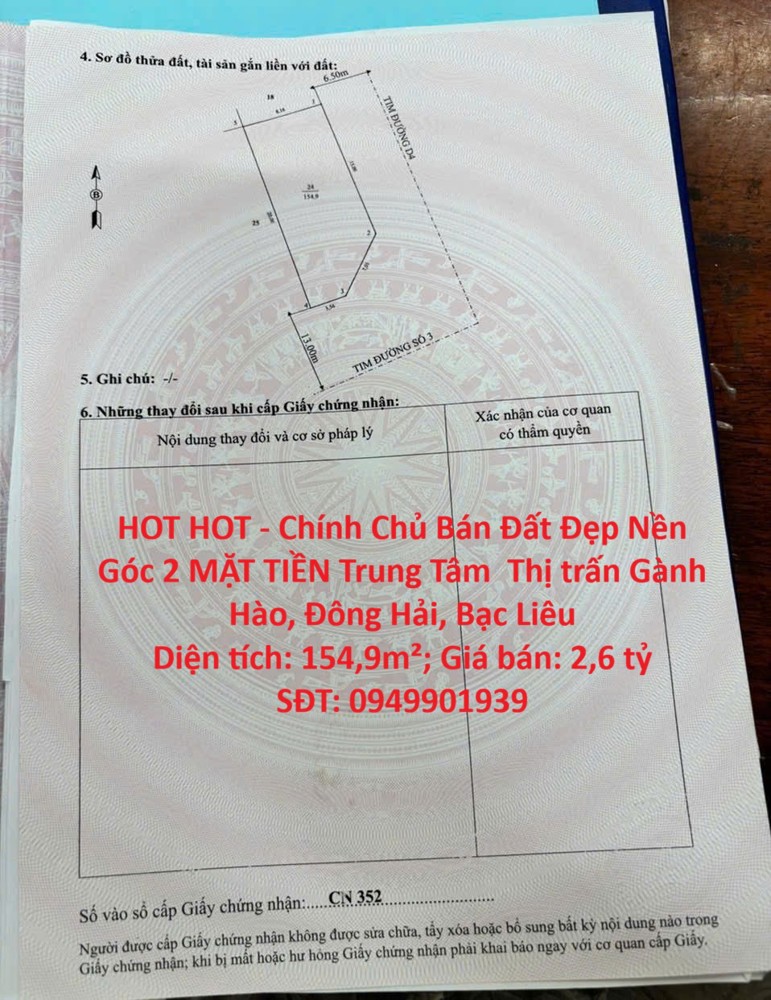 Hot Hot - Chính Chủ Bán Đất Đẹp Nền Góc 2 Mặt Tiền Trung Tâm Xã Gành Hào – 154,9M² – Sổ Hồng Riêng