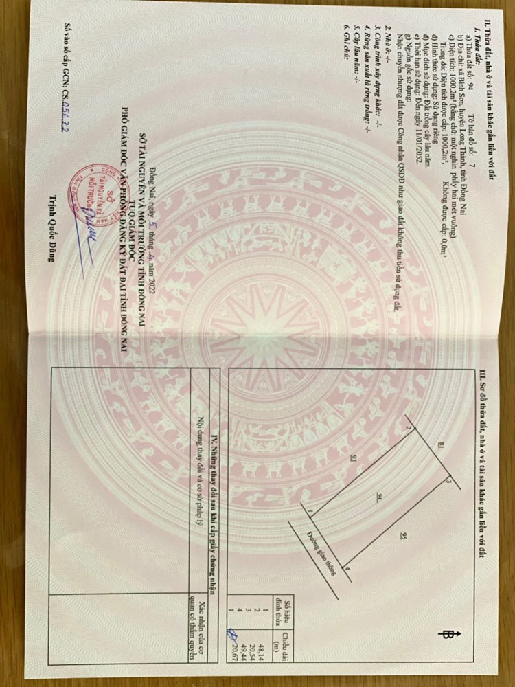 Bán Đất Bình Sơn Long Thành Đường Cầu Mên 1000M2 Giá 8,7 Ty