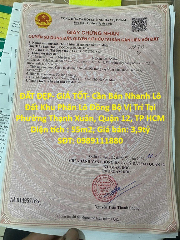 Đất Đẹp- Giá Tốt- Cần Bán Nhanh Lô Đất Khu Phân Lô Đồng Bộ Vị Trí Tại Quận 12, Tp Hcm