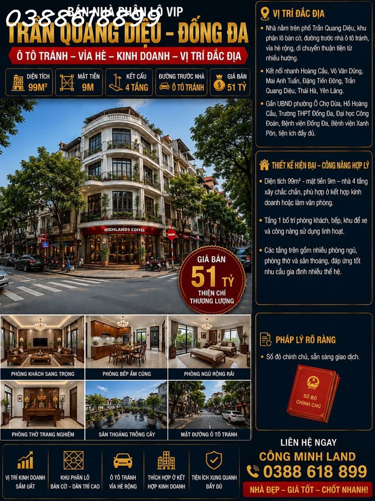 Bán Nhà Phân Lô Vip Trần Quang Diệu - Đống Đa - Ô Tô Tránh - Vỉa Hè - Kinh Doanh - 99M² - Mt 10M 