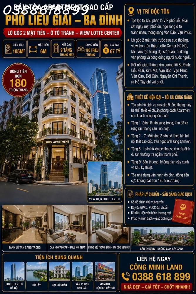 Bán Tòa Apartment Liễu Giai - Ba Đình - Ô Tô Tránh - 9 Tầng Thang Máy -Dt 180 Triệu/tháng - 105M²