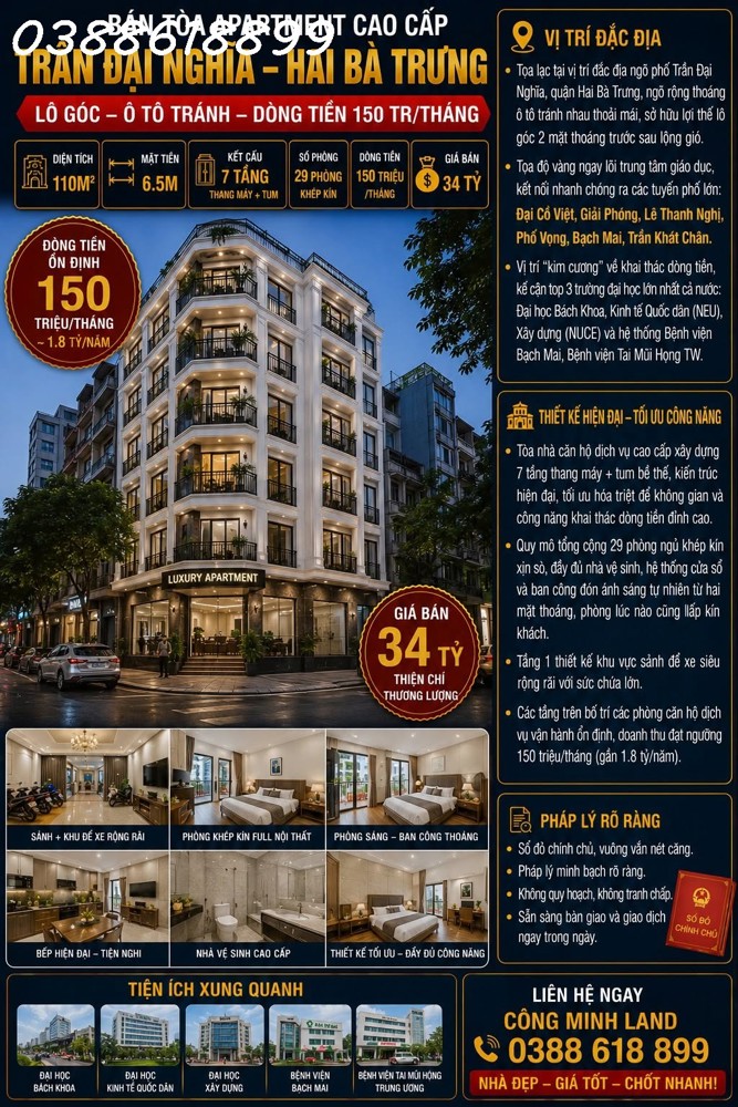 Bán Tòa Apartment Trần Đại Nghĩa - Hbt - Lô Góc - Ô Tô Tránh - Dt 150 Tr/th - 110M² - 7 Tầng Tm 