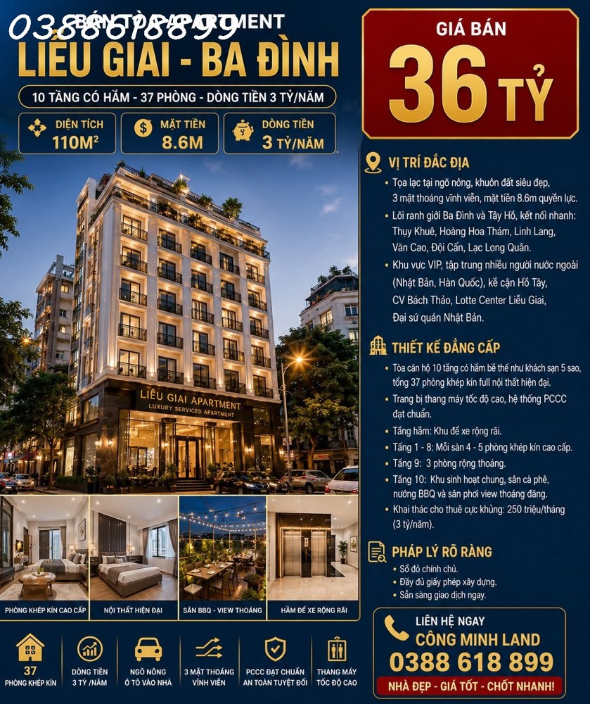 Bán Tòa Apartment Liễu Giai - Ba Đình - 10 Tầng Có Hầm - 37 Phòng - Dt 3 Tỷ/năm - 110M2 - Mt 8.6M 