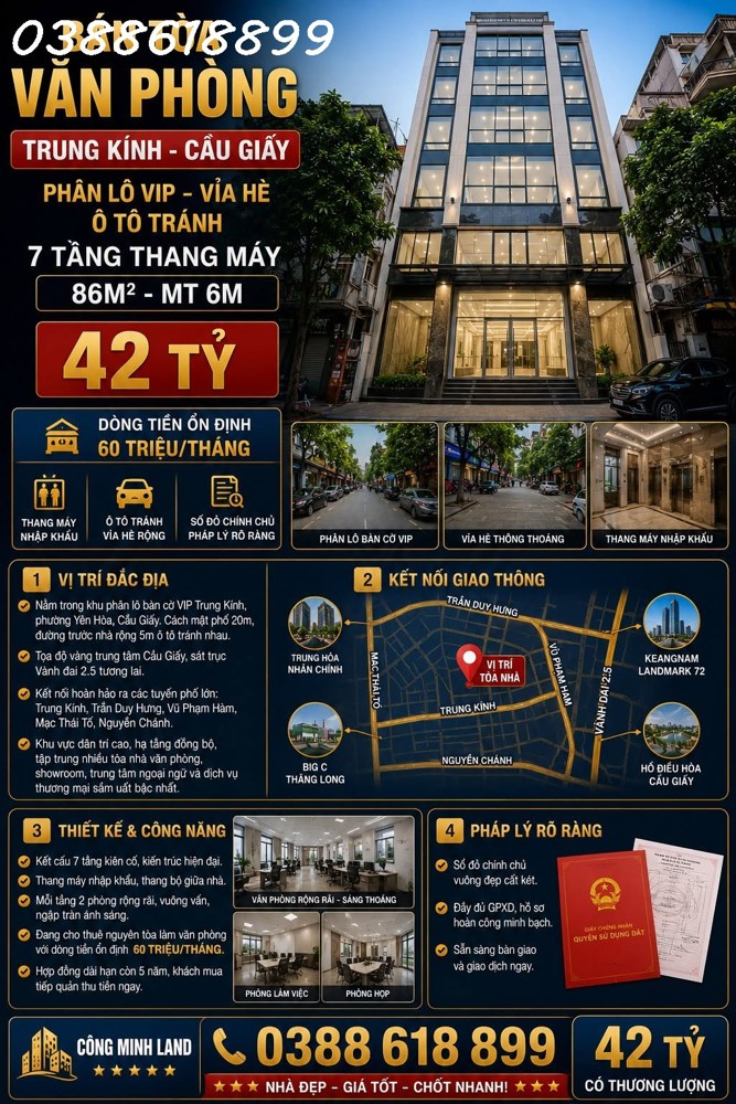 Bán Tòa Văn Phòng Trung Kính - Cầu Giấy - Phân Lô Vỉa Hè Ô Tô Tránh - 7 Tầng Thang Máy - 86M² - Mt