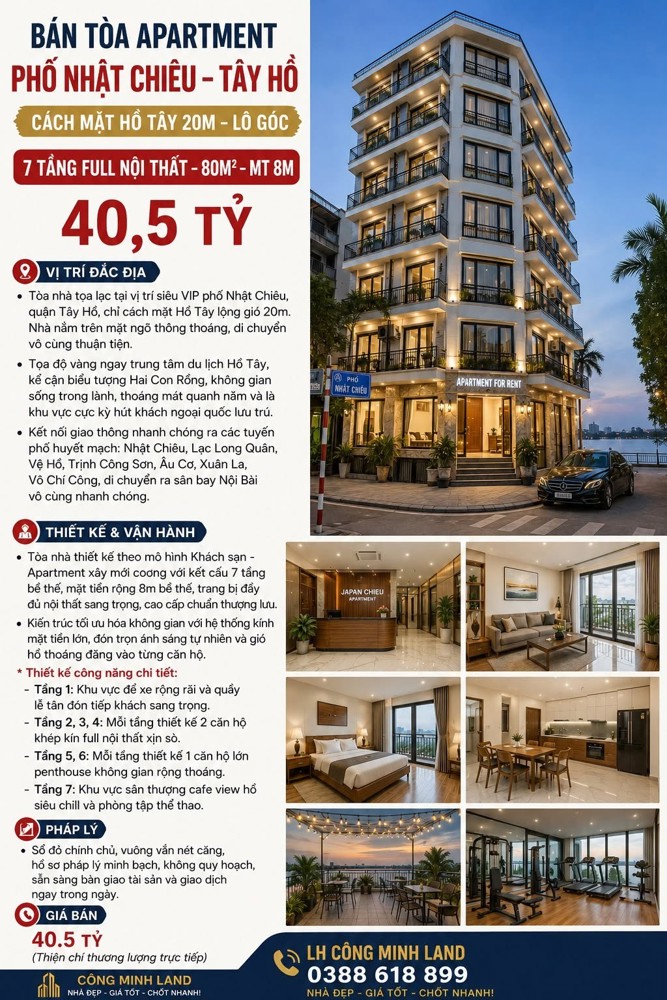 Bán Tòa Apartment Phố Nhật Chiêu - Tây Hồ - Cách Mặt Hồ Tây 20M - Lô Góc -7 Tầng Full Nội Thất 
