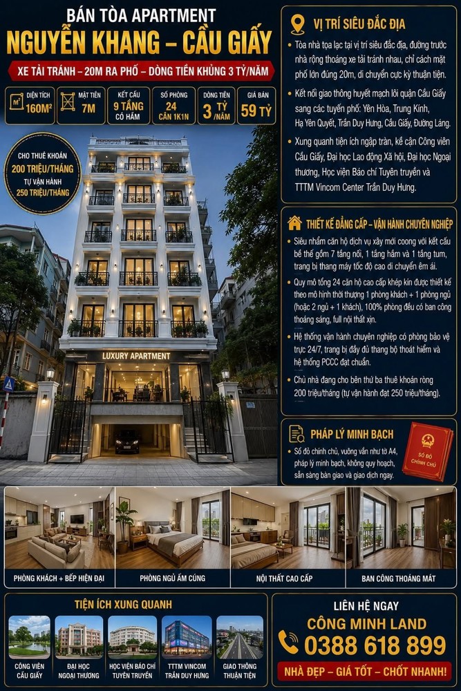 Bán Tòa Apartment Nguyễn Khang - Cầu Giấy - Xe Tải Tránh - Dòng Tiền 3 Tỷ/năm - 160M2 - 9 Tầng - Mt