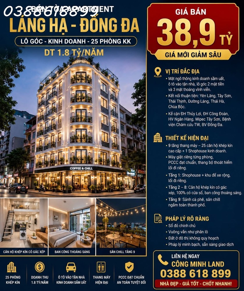 Bán Tòa Apartment Láng Hạ - Đống Đa - Lô Góc - Kinh Doanh - 25 Phòng Kk - Dt 1.8 Tỷ/năm - 100M2 - 9