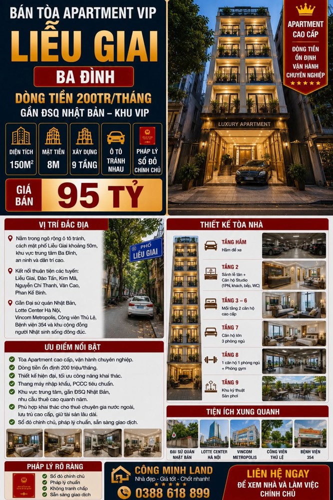 Bán Tòa Apartment Vip Liễu Giai - Ba Đình - Dt 200Tr/th, Gần Đsq Nhật - 150M2 - 9 Tầng - Mt 8M - 95